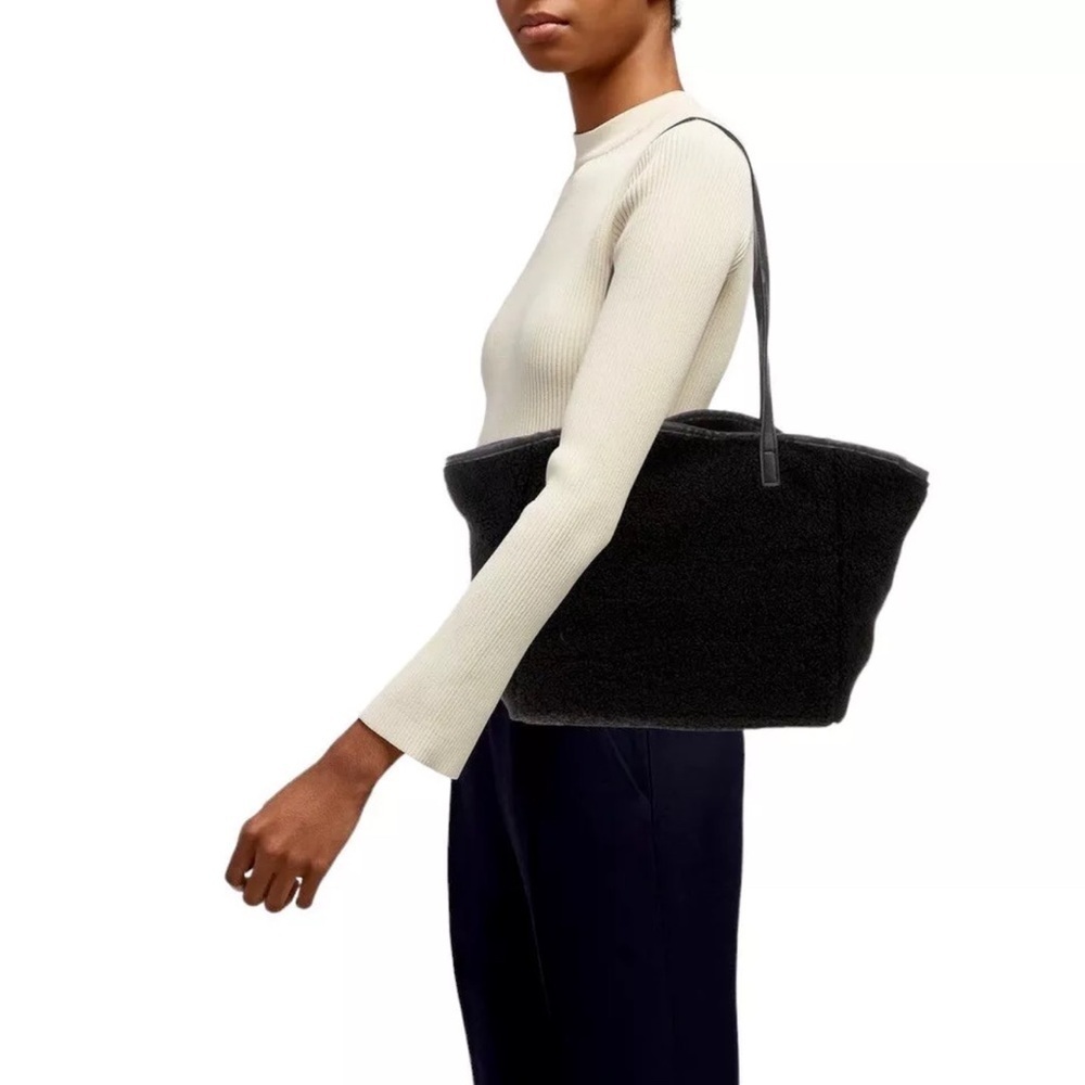 Neiman Marcus Faux Shearling Reversible Vegan Leather Black Tote Bag Women’s